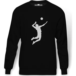 Silhouette Volleyball Baskılı Siyah Erkek Örme Sweatshirt Uzun kol