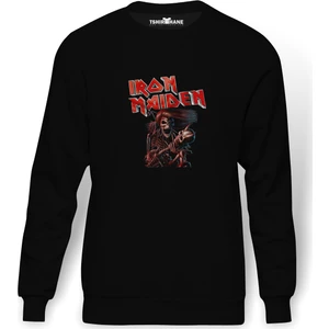 İron Maiden Ed Force One Canavar Yolda Baskılı Siyah Erkek Örme Sweatshirt Uzun kol