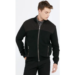 Blok Desenli Cepli Erkek Triko Ceket - Siyah