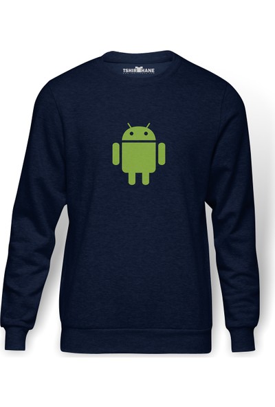 Tshirthane Android LOGO Baskılı İndigo Mavi Lacivert Erkek Örme Sweatshirt Uzun kol