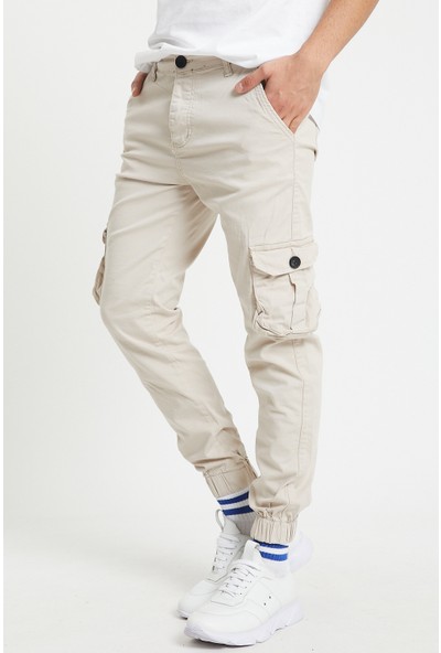 Serseri Jeans Bej Renk Likralı Slim Fit Körüklü Cep Kargo Pantolon