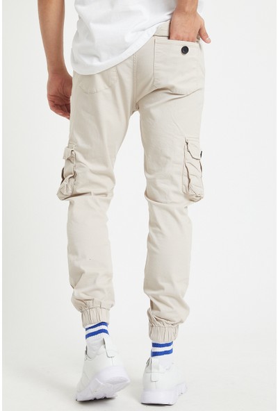 Serseri Jeans Bej Renk Likralı Slim Fit Körüklü Cep Kargo Pantolon