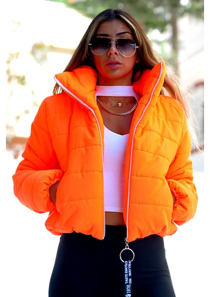 Kadın Turuncu Şişme Dik Yaka Fermuar Kapamalı Mont fiyatları