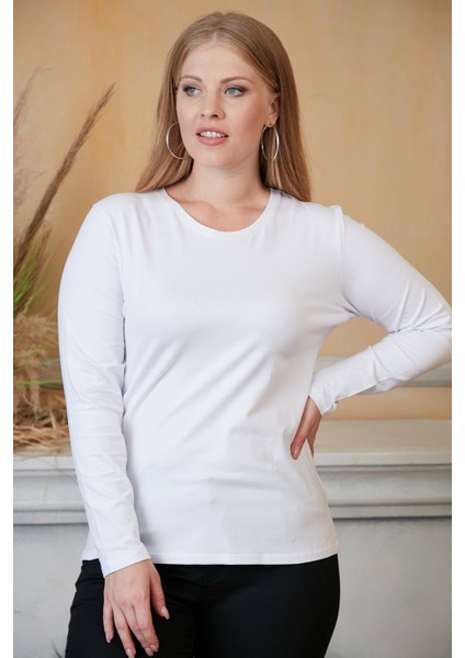 Bisiklet Yaka Uzun Kol Büyük Beden Beyaz T-Shirt