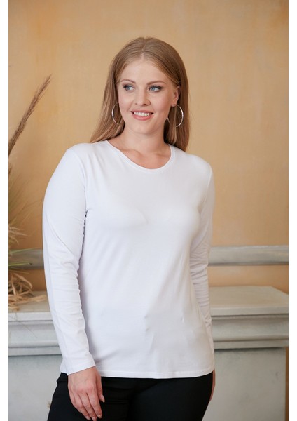 Bisiklet Yaka Uzun Kol Büyük Beden Beyaz T-Shirt fiyatları