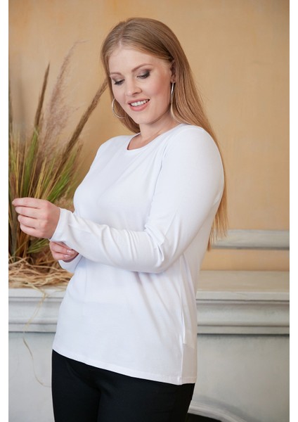 Bisiklet Yaka Uzun Kol Büyük Beden Beyaz T-Shirt modelleri