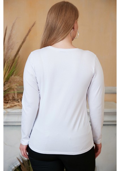 Bisiklet Yaka Uzun Kol Büyük Beden Beyaz T-Shirt fırsatları