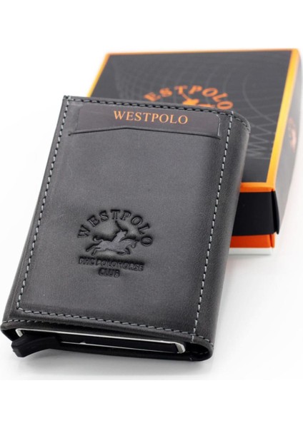 West Polo Crazy Deri Mekanizmalı Para Gözlü Siyah Erkek Cüzdan Kartlık W22045551