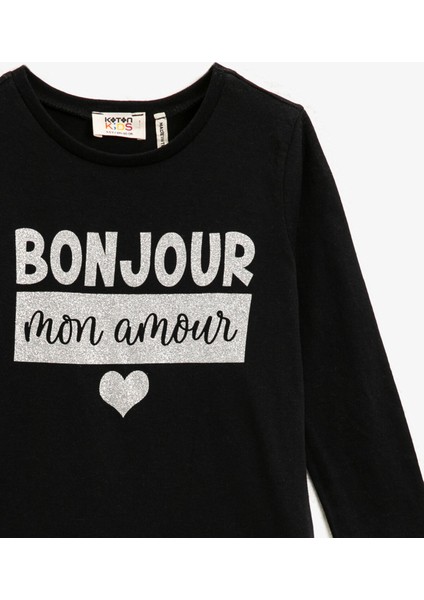 Kız Çocuk Pamuklu Yazili Baskılı Bisiklet Yaka Uzun Kollu T-Shirt modelleri