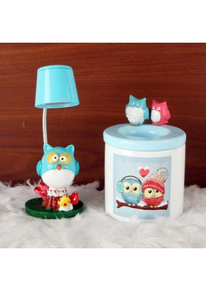 Aşık Baykuşlar Temalı Baykuş Biblolu Tasarım Kalemlik Baykuş Masa Gece Lambası Hediye Seti