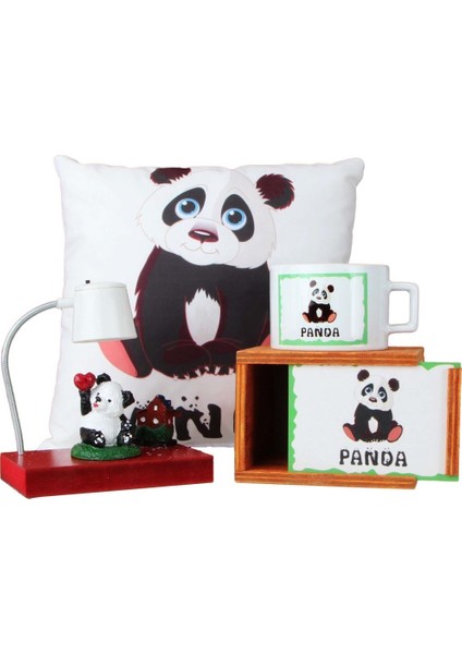 Evini Özleyen Sevimli Panda Masa Gece Lambası Işıklı Biblo Panda Puf Yastık Kutulu Kupa Set