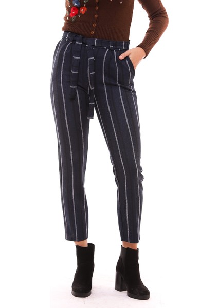 Beli Kemerli Bilekte Pantolon | PNT19022 Indigo Çizgili