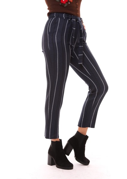 Beli Kemerli Bilekte Pantolon | PNT19022 Indigo Çizgili