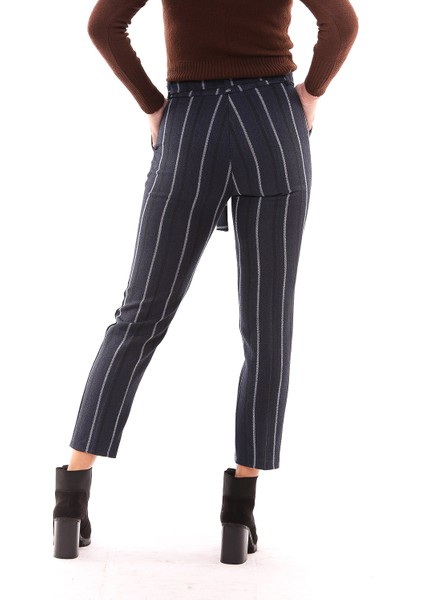 Beli Kemerli Bilekte Pantolon | PNT19022 Indigo Çizgili