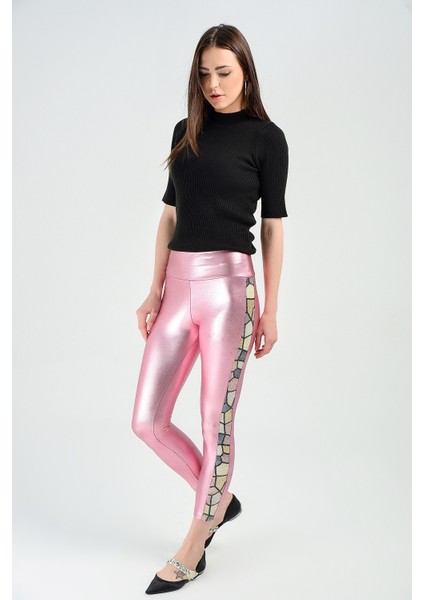 Pantolon - Yanları Payet Seritli Varak Pantolon | PNT31360 Pembe