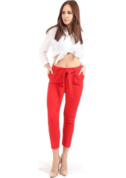 Beli Kuşaklı Kumas Pantolon | PNT19018 Kırmızı