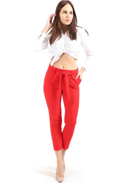Beli Kuşaklı Kumas Pantolon | PNT19018 Kırmızı