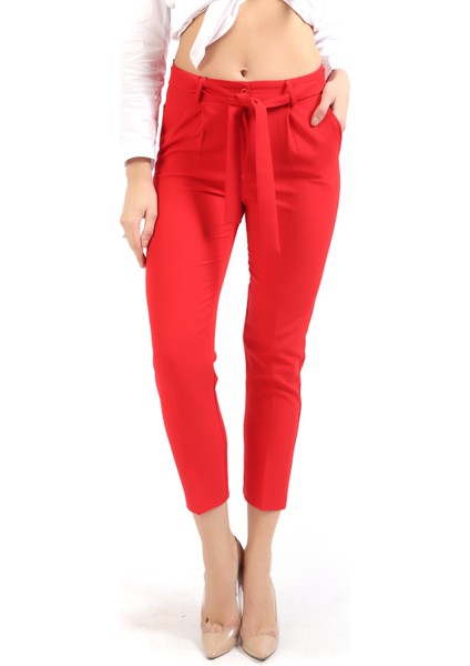 Beli Kuşaklı Kumas Pantolon | PNT19018 Kırmızı