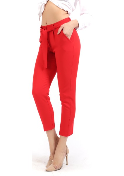 Beli Kuşaklı Kumas Pantolon | PNT19018 Kırmızı