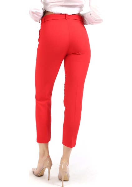 Beli Kuşaklı Kumas Pantolon | PNT19018 Kırmızı