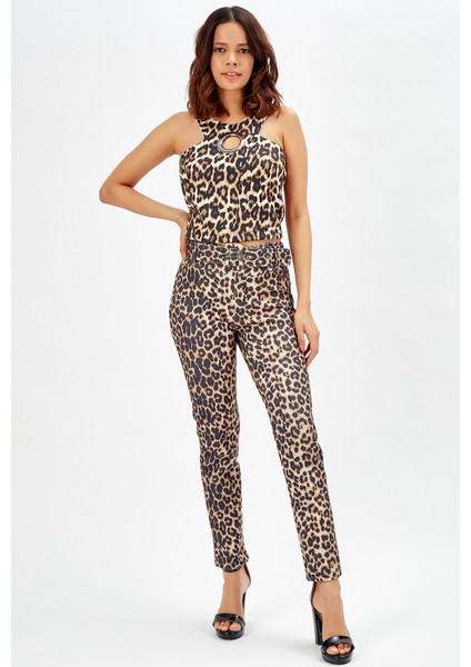 Sense Beli Kumaş Kaplama Toka ve Kemerli Scuba Leopar Dar Paça Pantolon | PNT32734 Leopar Desenli