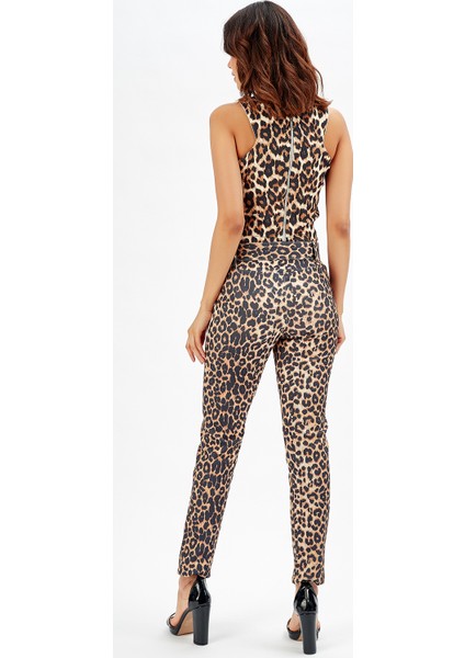 Sense Beli Kumaş Kaplama Toka ve Kemerli Scuba Leopar Dar Paça Pantolon | PNT32734 Leopar Desenli