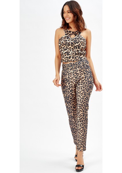 Sense Beli Kumaş Kaplama Toka ve Kemerli Scuba Leopar Dar Paça Pantolon | PNT32734 Leopar Desenli