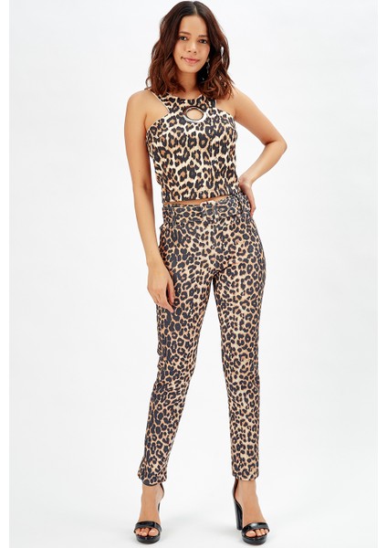 Sense Beli Kumaş Kaplama Toka ve Kemerli Scuba Leopar Dar Paça Pantolon | PNT32734 Leopar Desenli