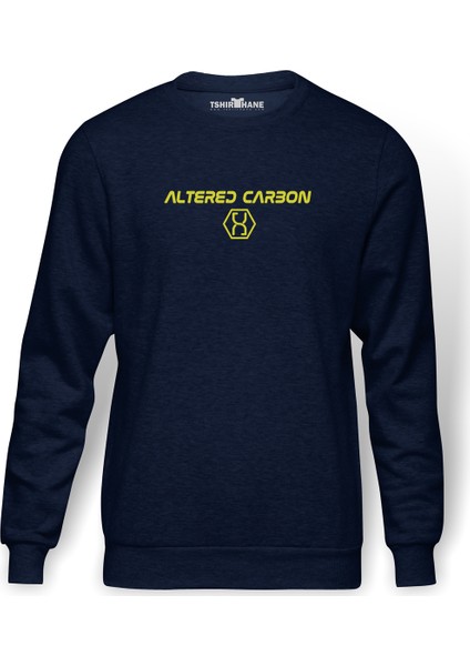 Altered Carbon Logo & Yazi Baskılı İndigo Mavi Lacivert Erkek Örme Sweatshirt Uzun kol