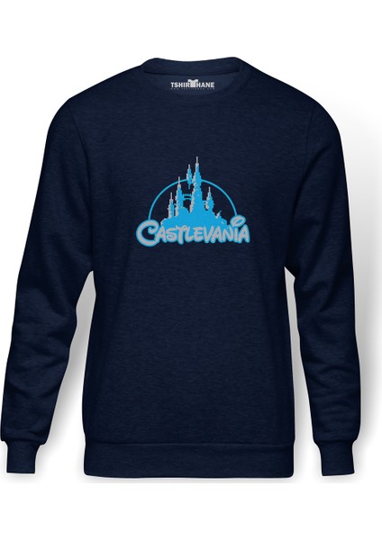 Castlevania Pixel Logo Baskılı İndigo Mavi Lacivert Erkek Örme Sweatshirt Uzun kol