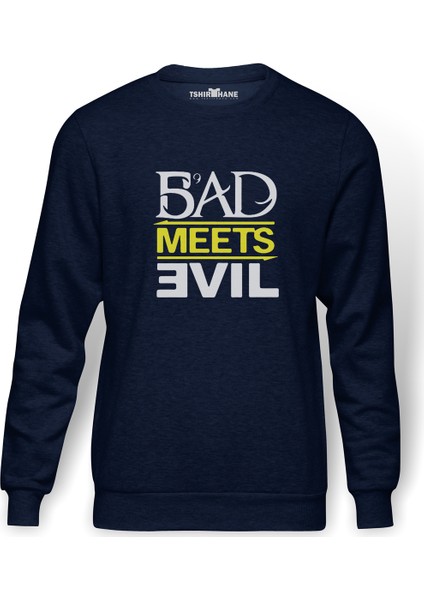 Bad Meets Evil Logo Baskılı İndigo Mavi Lacivert Erkek Örme Sweatshirt Uzun kol