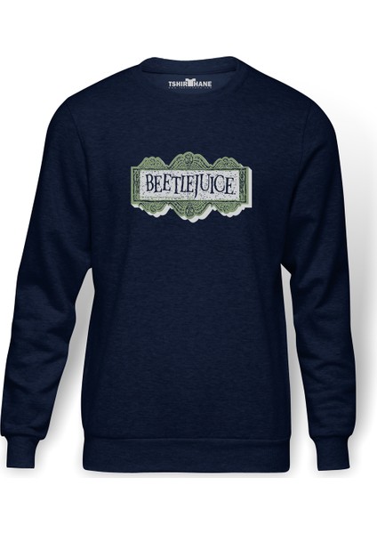 Beetlejuice Logo Baskılı İndigo Mavi Lacivert Erkek Örme Sweatshirt Uzun kol