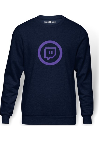 Twitch Logo Baskılı İndigo Mavi Lacivert Erkek Örme Sweatshirt Uzun kol