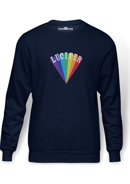 Lucifer Rising Baskılı İndigo Mavi Lacivert Erkek Örme Sweatshirt Uzun kol