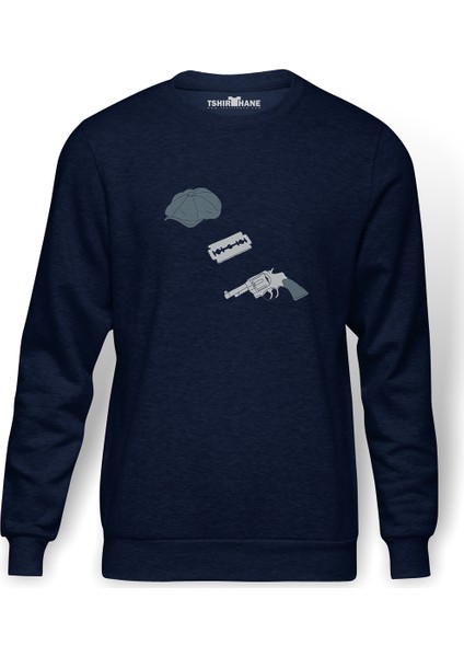 Peaky Blinders Hat & Razor Blade & Gun Baskılı İndigo Mavi Lacivert Erkek Örme Sweatshirt Uzun kol