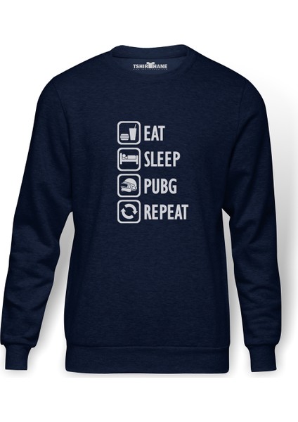 Pubg Eat Sleep Pubg Repeat Baskılı İndigo Mavi Lacivert Erkek Örme Sweatshirt Uzun kol