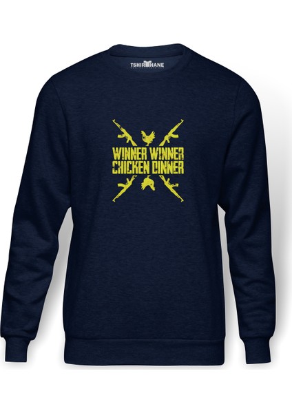 Winner Ak 47 Baskılı İndigo Mavi Lacivert Erkek Örme Sweatshirt Uzun kol
