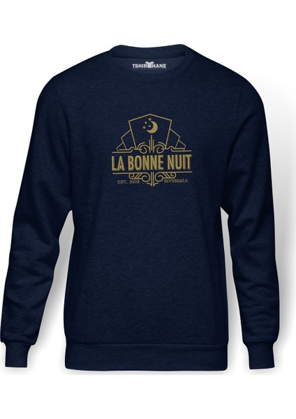 Riverdale La Bonne Nuit Baskılı İndigo Mavi Lacivert Erkek Örme Sweatshirt Uzun kol
