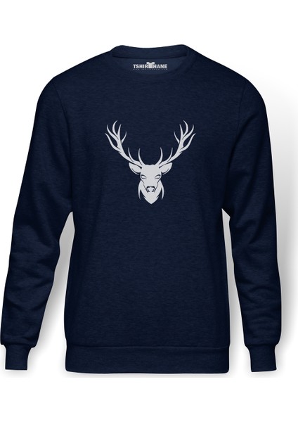 Silhouette Deer Baskılı İndigo Mavi Lacivert Erkek Örme Sweatshirt Uzun kol