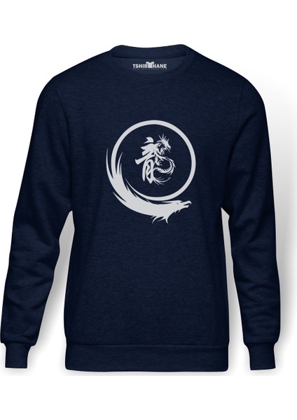 Silhouette Dragon Logo Baskılı İndigo Mavi Lacivert Erkek Örme Sweatshirt Uzun kol