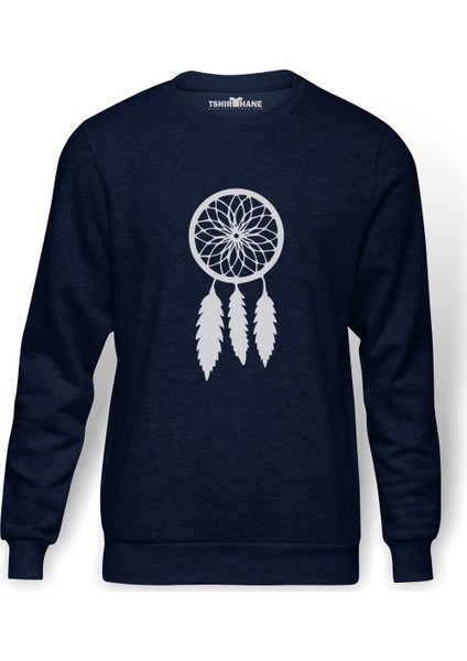 Silhouette Dreamcatcher Baskılı İndigo Mavi Lacivert Erkek Örme Sweatshirt Uzun kol