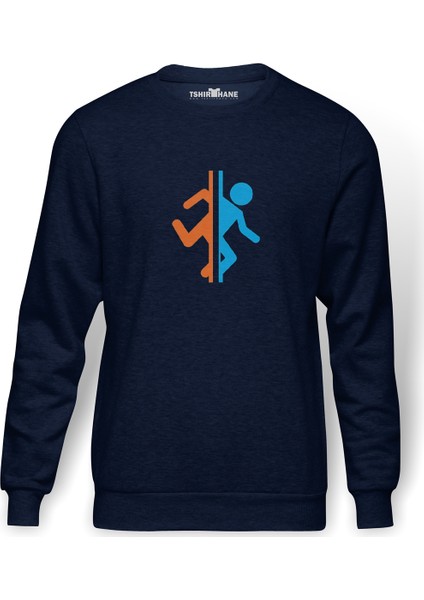 Silhouette Portal Baskılı İndigo Mavi Lacivert Erkek Örme Sweatshirt Uzun kol