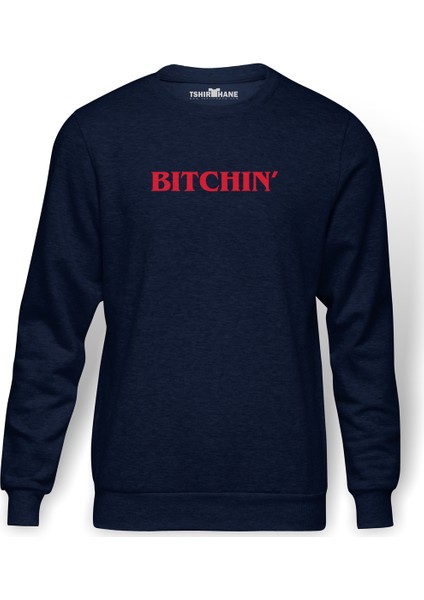 Stanger Things Bitchin' Baskılı İndigo Mavi Lacivert Erkek Örme Sweatshirt Uzun kol
