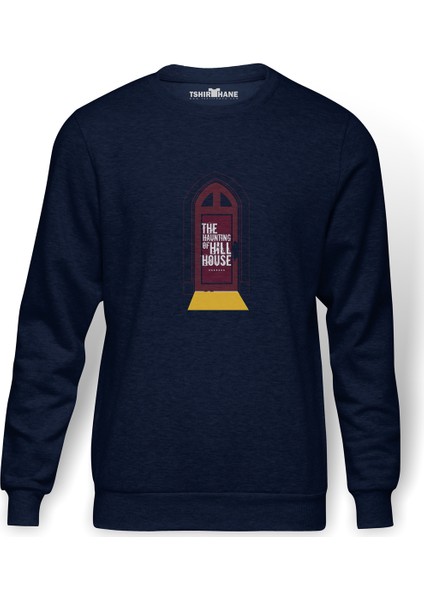 The Haunting Of Hill House Door Baskılı İndigo Mavi Lacivert Erkek Örme Sweatshirt Uzun kol