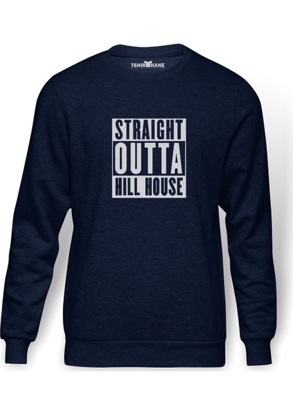 The Haunting Of Hill House Straight Outta Hill House Baskılı İndigo Mavi Lacivert Erkek Örme Sweatsh
