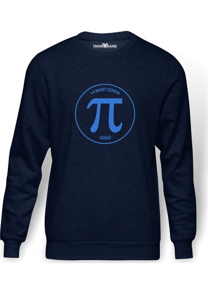 14 Mart Dünya Pi Günü Baskılı İndigo Mavi Lacivert Erkek Örme Sweatshirt Uzun kol