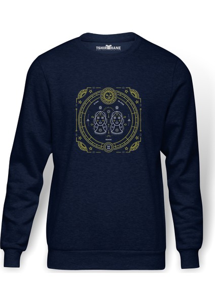 Burç Ikizler Gemini Baskılı İndigo Mavi Lacivert Erkek Örme Sweatshirt Uzun kol