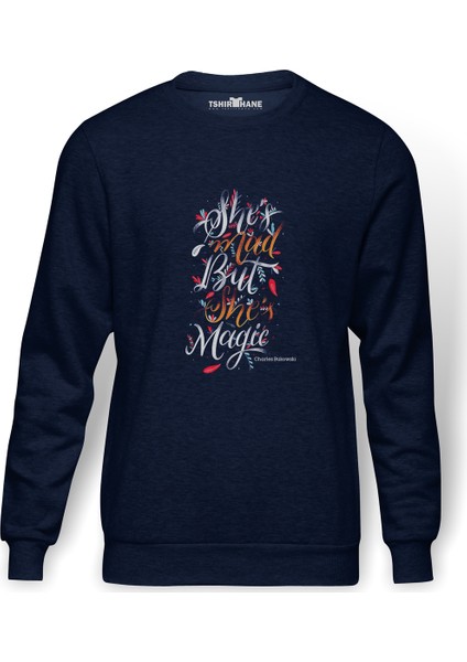 Charles Bukowski Shes Mad But She Baskılı İndigo Mavi Lacivert Erkek Örme Sweatshirt Uzun kol