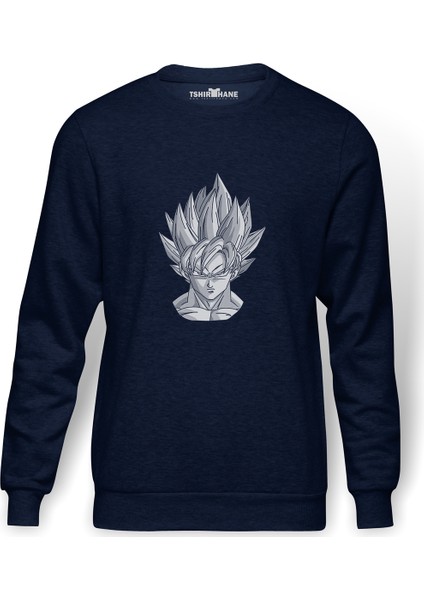 Dragon Ball Baskılı İndigo Mavi Lacivert Erkek Örme Sweatshirt Uzun kol