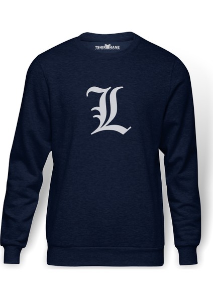 L Deadnote Baskılı İndigo Mavi Lacivert Erkek Örme Sweatshirt Uzun kol